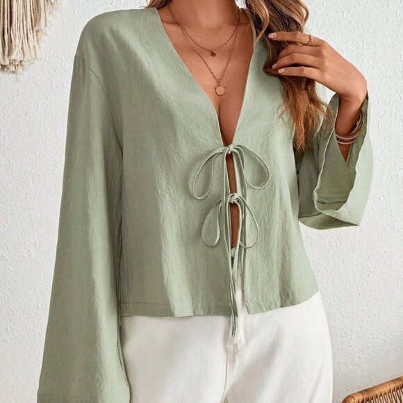 Army Green Casual Women's Vacation Tie Front Flare Sleeve Blouse Shirt - Picture 6 of 7